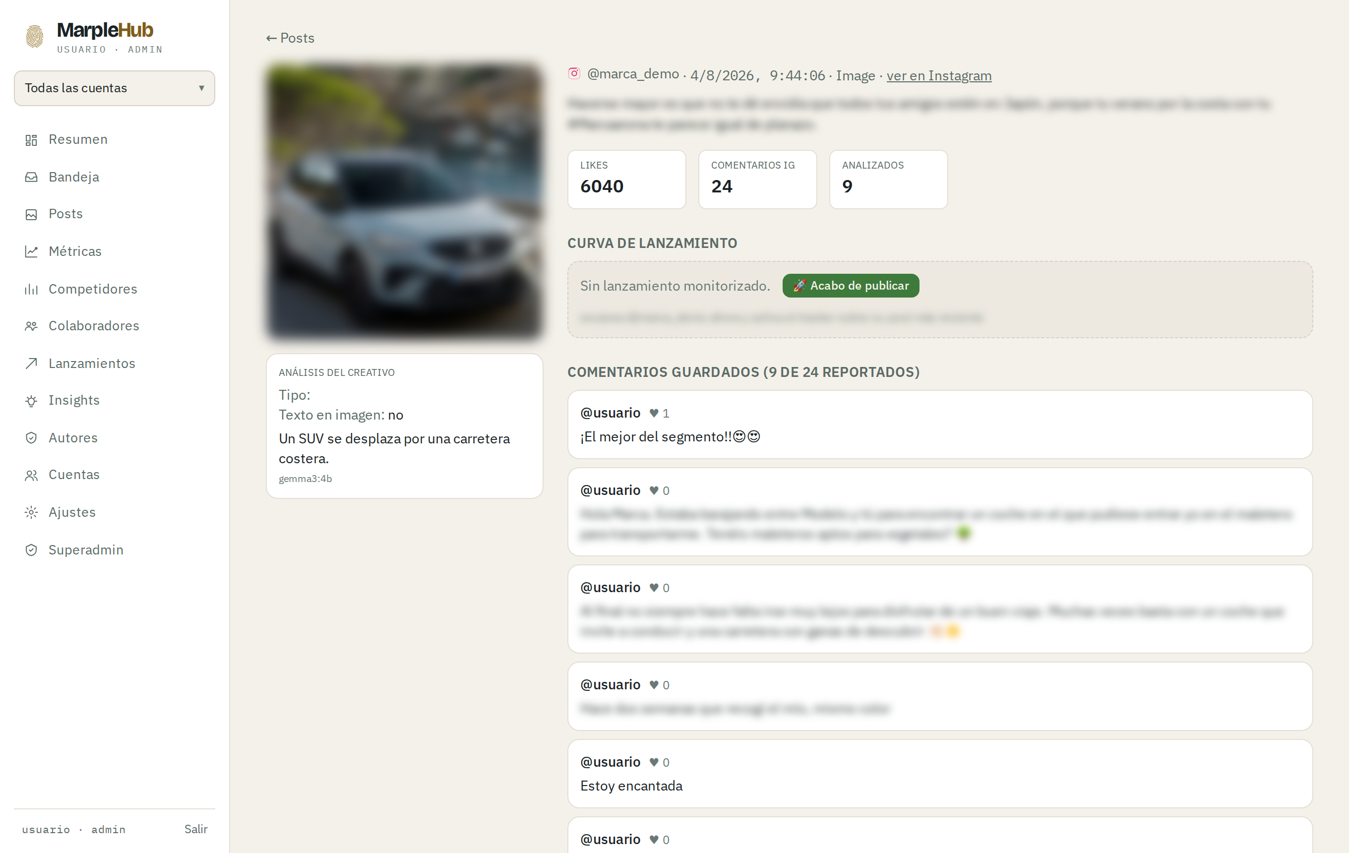 Detalle de un post en MarpleHub con el análisis automático del creativo y los comentarios guardados
