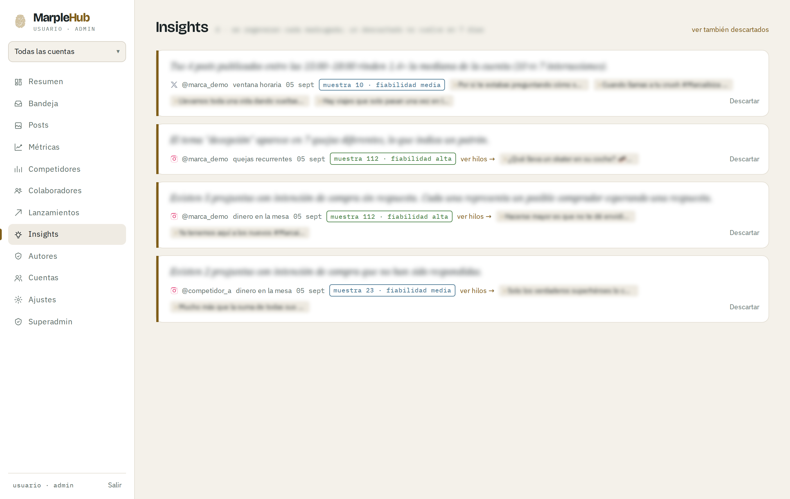 Pantalla de insights de MarpleHub con muestra, fiabilidad y chips de evidencia que enlazan a los posts