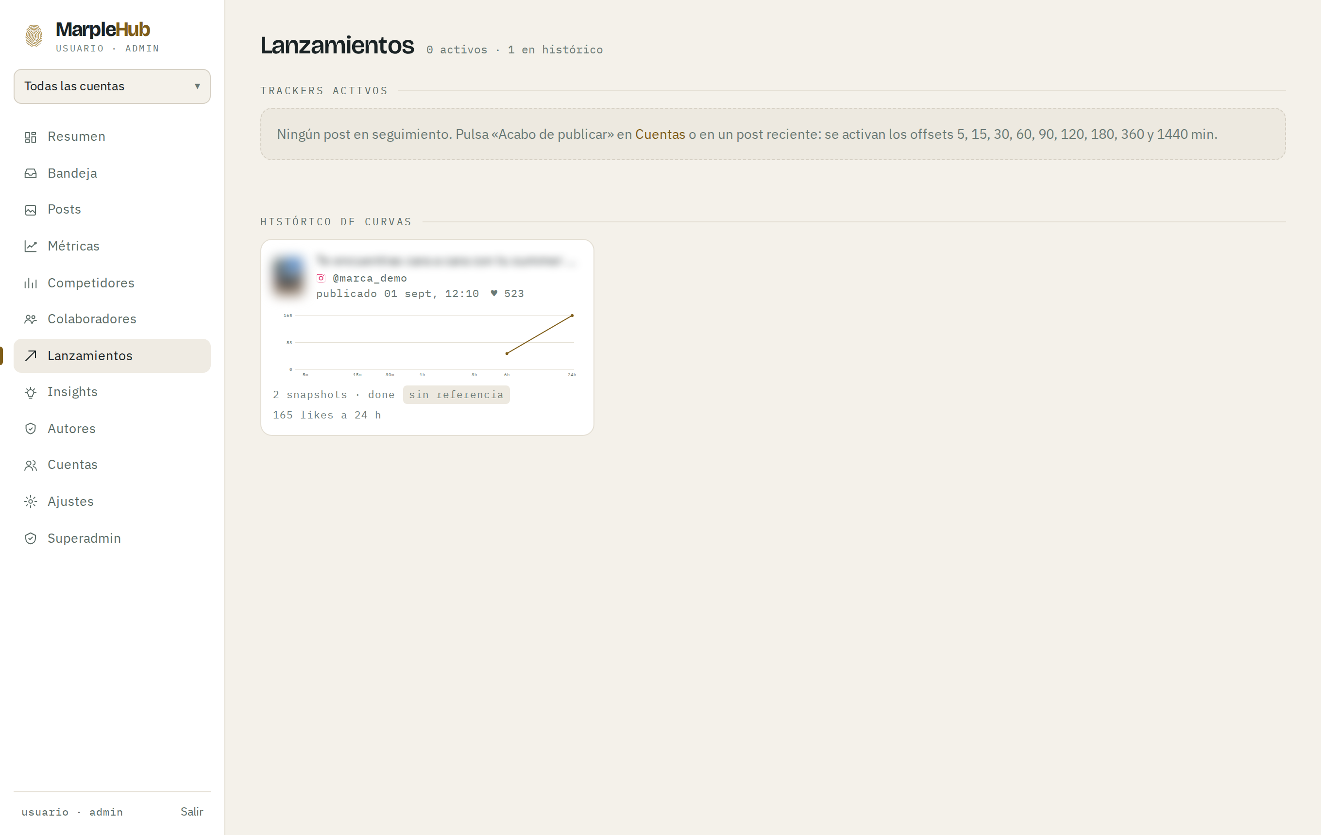 Launch tracker de MarpleHub mostrando la curva de likes de un post durante sus primeras 24 horas